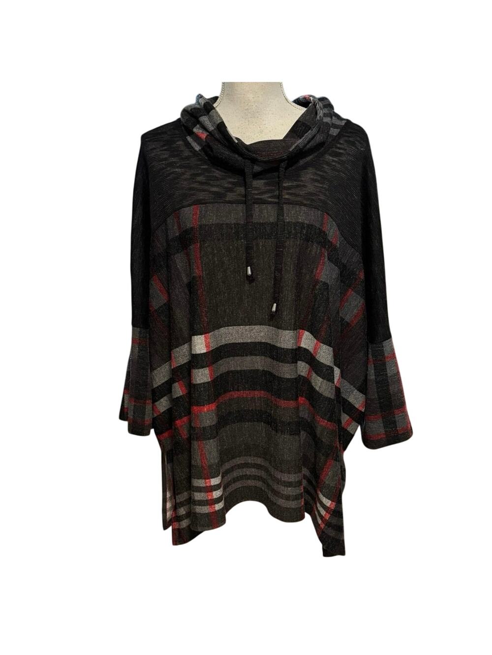 Ali Miles Size L XL Plaid Knit Poncho Sweater Cowl Neck Grey Red Black